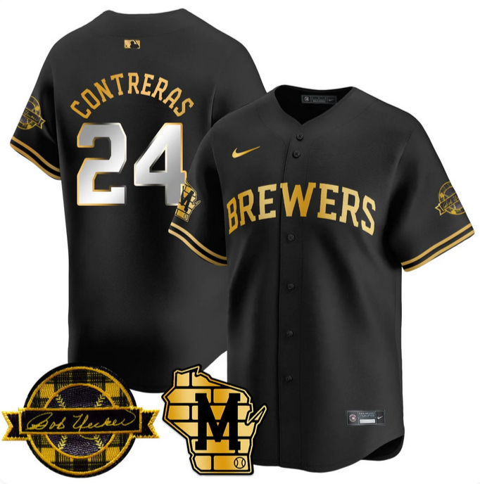 Men's Black Gold Milwaukee Brewers #24 William Contreras With Home & Bob Uecker Patch Limited Stitched Baseball Jersey